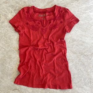 Lucky Brand T-Shirt - Red Short Sleeve Tee - Embroidered Top - Size XS